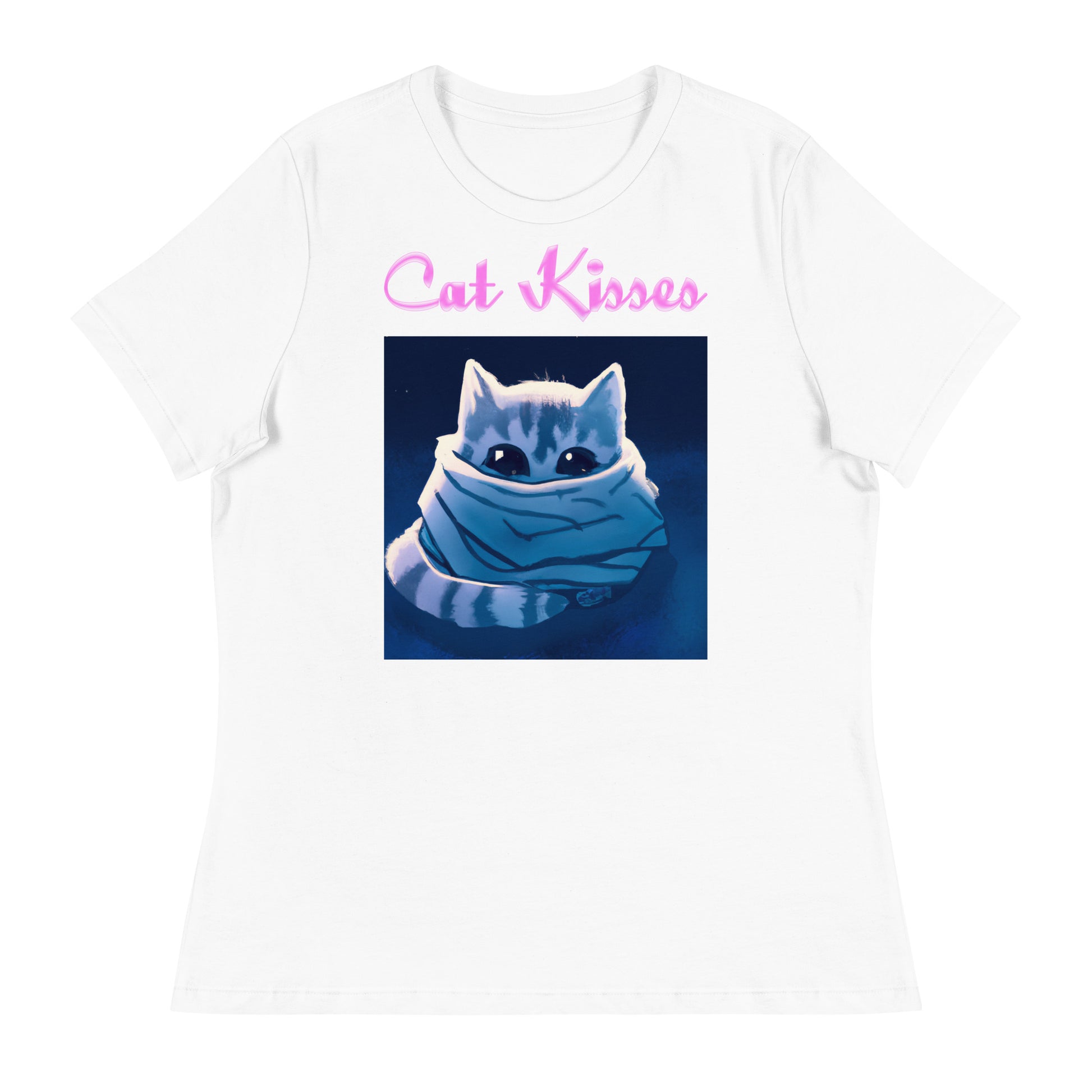 Women's White T-Shirt with Cute Kitten Wrapped Up In a Cozy Scarf with a text "Cat Kisses" at $25.97 found at Personalizedpetlovergifts