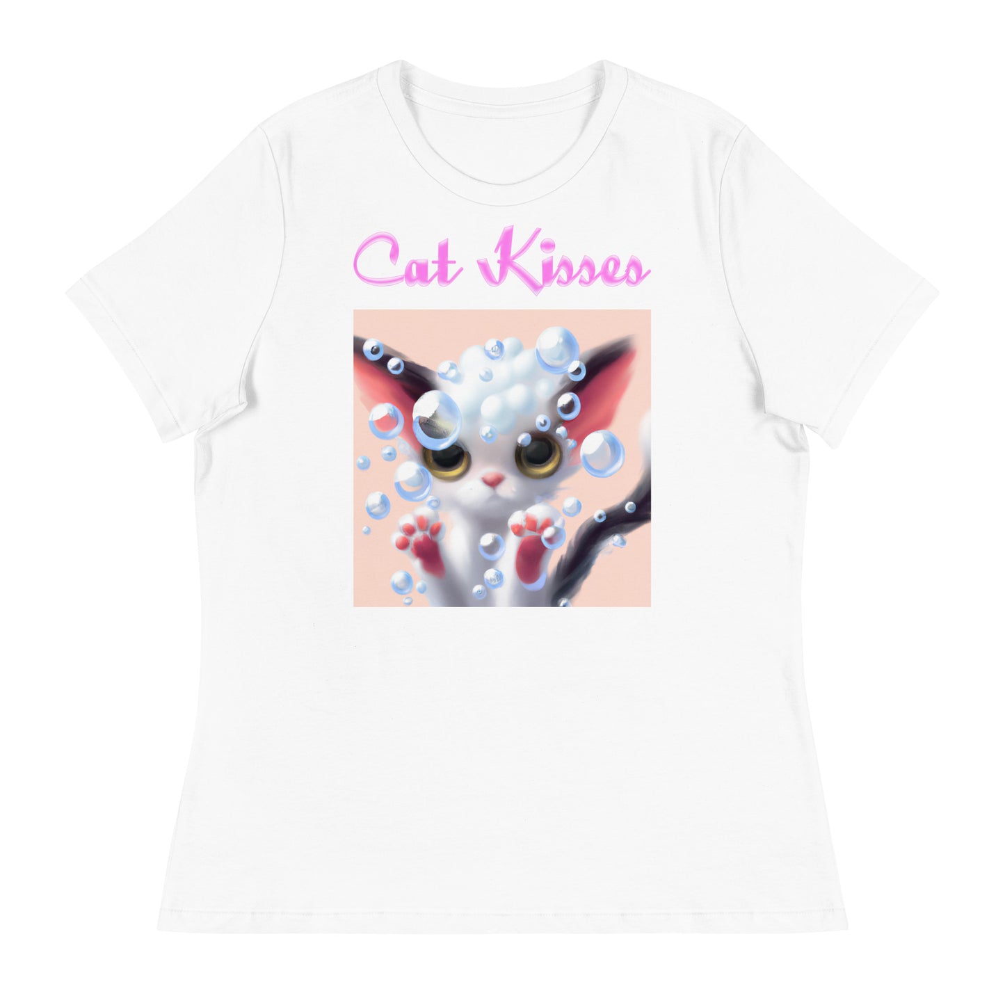 Women's White T-Shirt with Cute Kitten With Bubbles with a text "Cat Kisses" at $25.97 found at Personalizedpetlovergifts