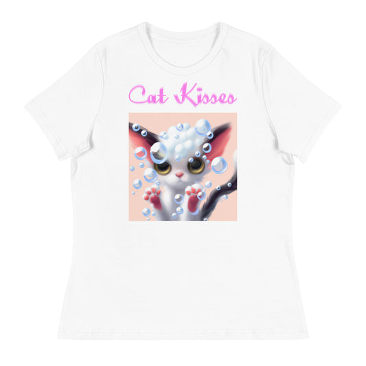 Women's White T-Shirt with Cute Kitten With Bubbles with a text "Cat Kisses" at $25.97 found at Personalizedpetlovergifts