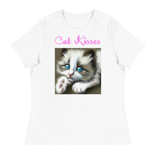 Women's White T-Shirt with Cute Kitten With Blue Eyes with a text "Cat Kisses" at $25.97 found at Personalizedpetlovergifts