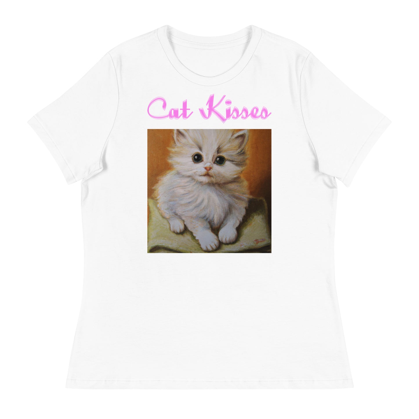 Women's White T-Shirt with Cute Kitten Sitting On a Pillow with a text "Cat Kisses" at $25.97 found at Personalizedpetlovergifts