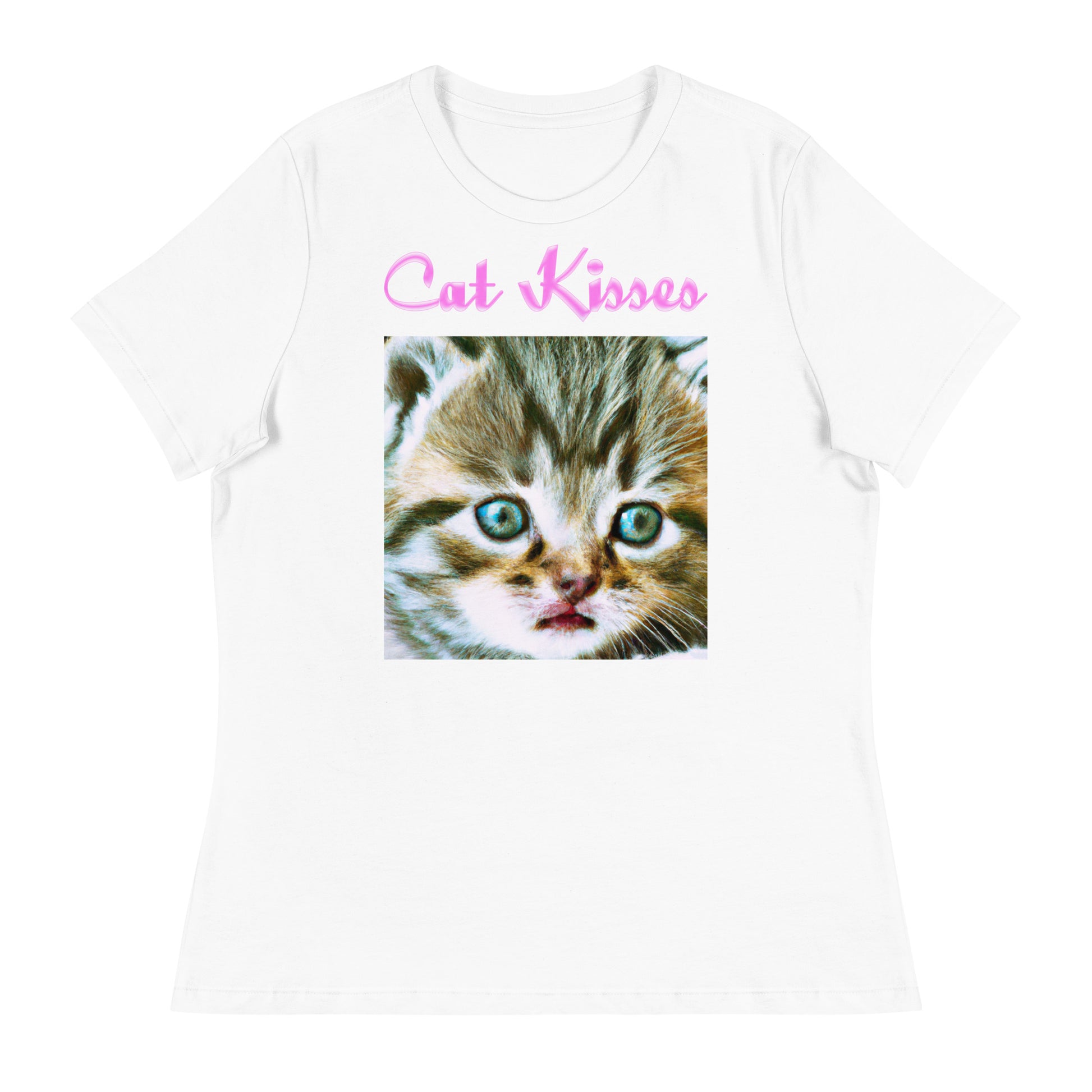 Women's White T-Shirt with Cute Kitten Portrait with a text "Cat Kisses" at $25.97 found at Personalizedpetlovergifts