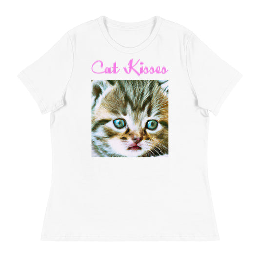 Women's White T-Shirt with Cute Kitten Portrait with a text "Cat Kisses" at $25.97 found at Personalizedpetlovergifts