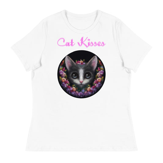 Women's White T-Shirt with Cute Kitten In Flower Circle with a text "Cat Kisses" at $25.97 found at Personalizedpetlovergifts