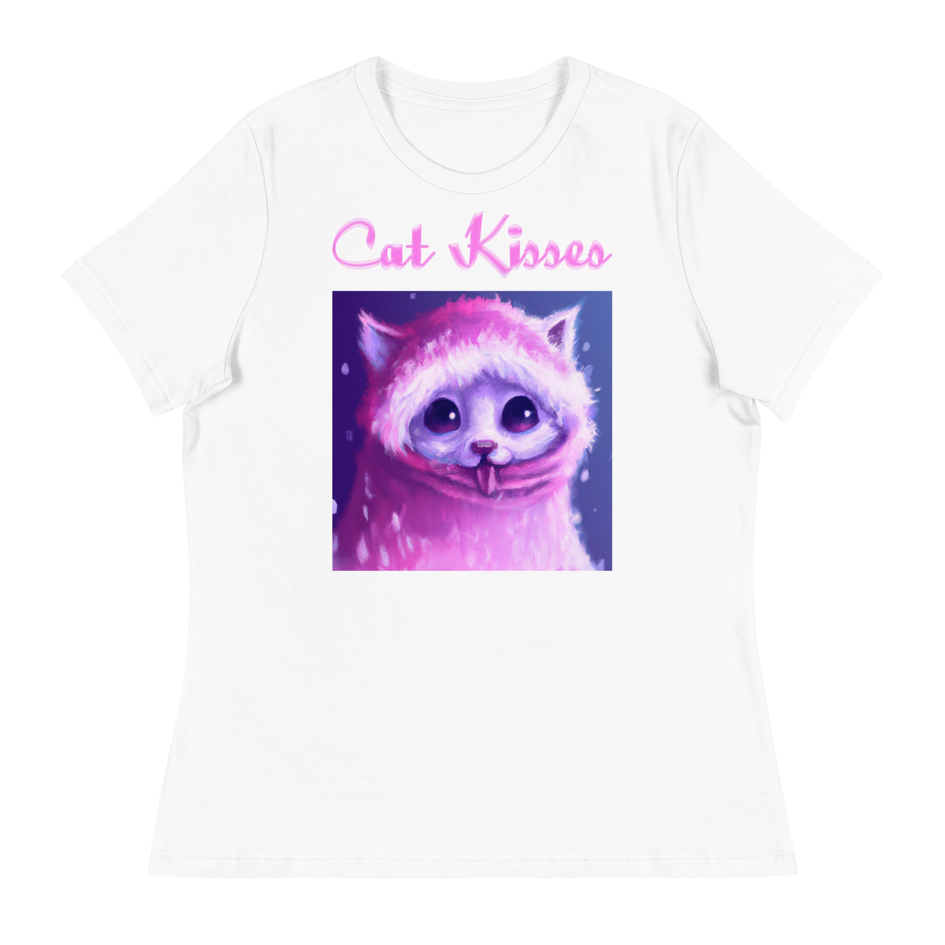 Women's White T-Shirt with Cute Kitten In a Pink Hoodie with a text "Cat Kisses" at $25.97 found at Personalizedpetlovergifts