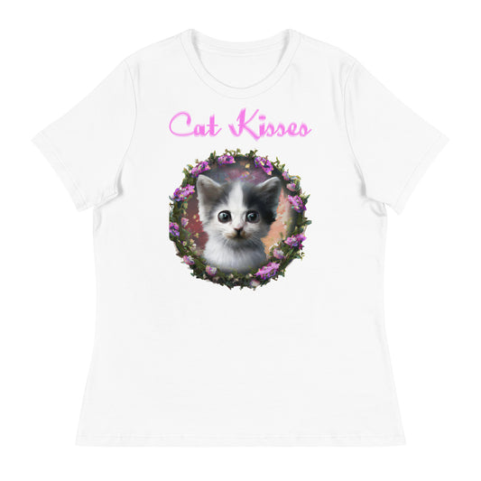 Women's White T-Shirt with Cute Kitten In a Floral Circle with a text "Cat Kisses" at $25.97 found at Personalizedpetlovergifts