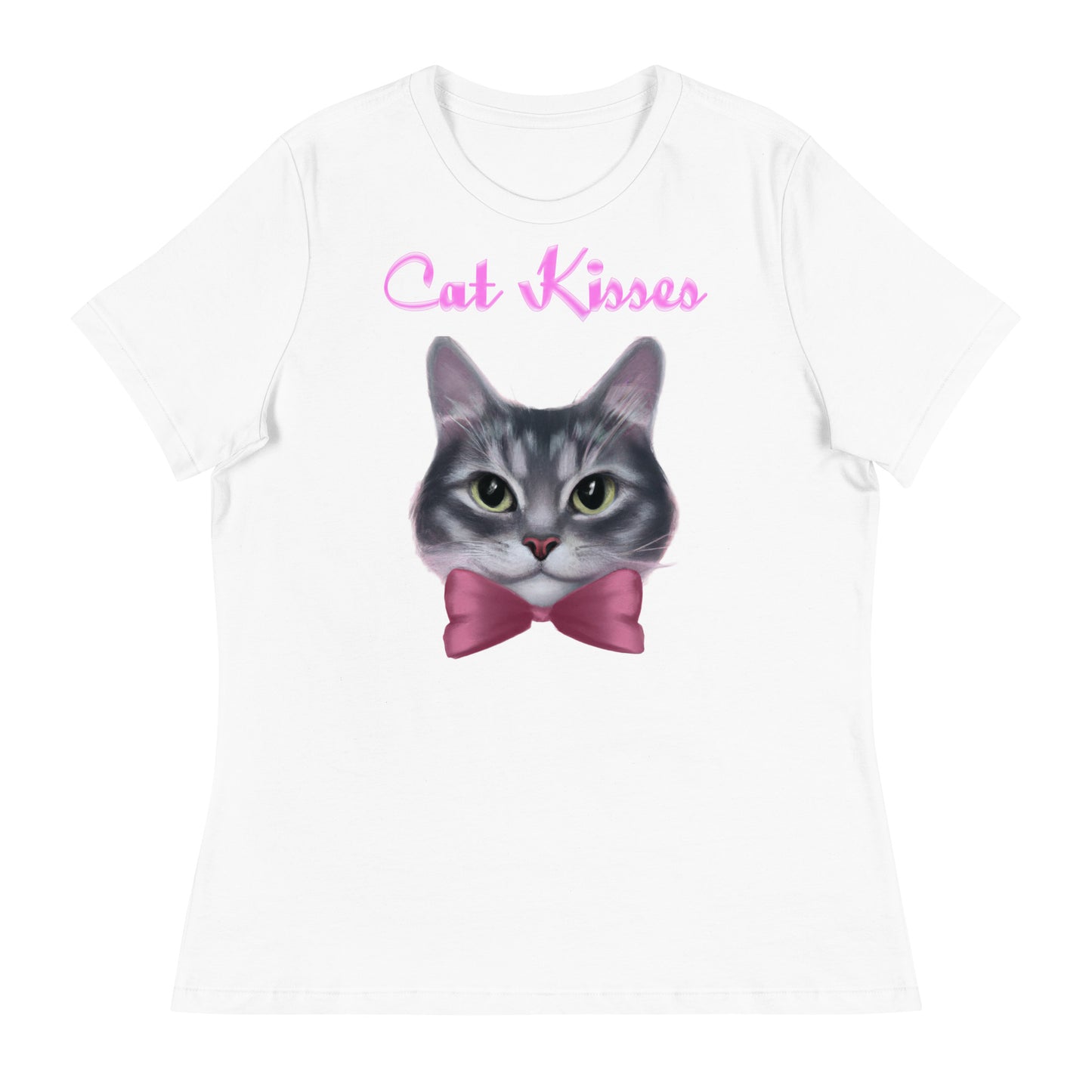 Women's White T-Shirt with Cute Kitten Face With a Pink Bow with a text "Cat Kisses" at $25.97 found at Personalizedpetlovergifts