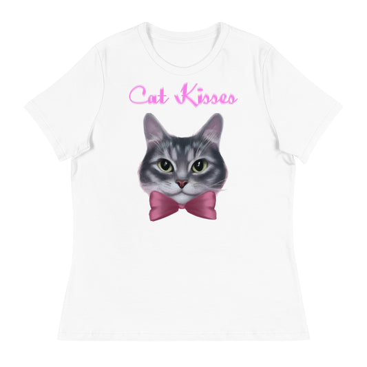 Women's White T-Shirt with Cute Kitten Face With a Pink Bow with a text "Cat Kisses" at $25.97 found at Personalizedpetlovergifts