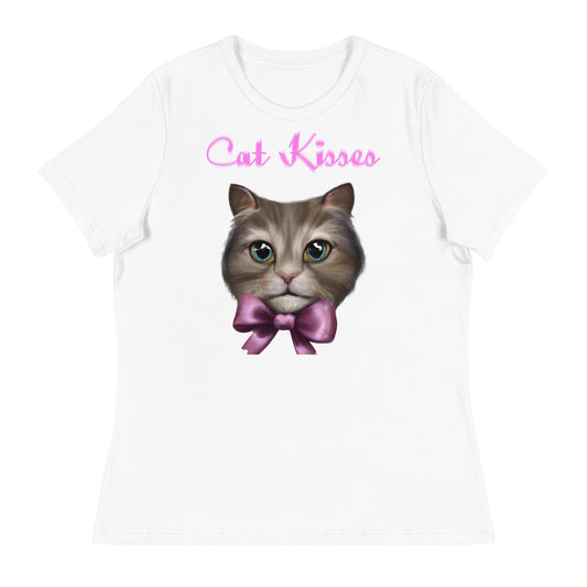 Women's White T-Shirt with Cute Kitten Face With a Bow with a text "Cat Kisses" at $25.97 found at Personalizedpetlovergifts