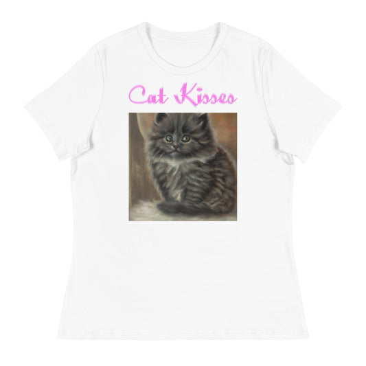 Women's White T-Shirt with Cute Fluffy Kitten with a text "Cat Kisses" at $25.97 found at Personalizedpetlovergifts