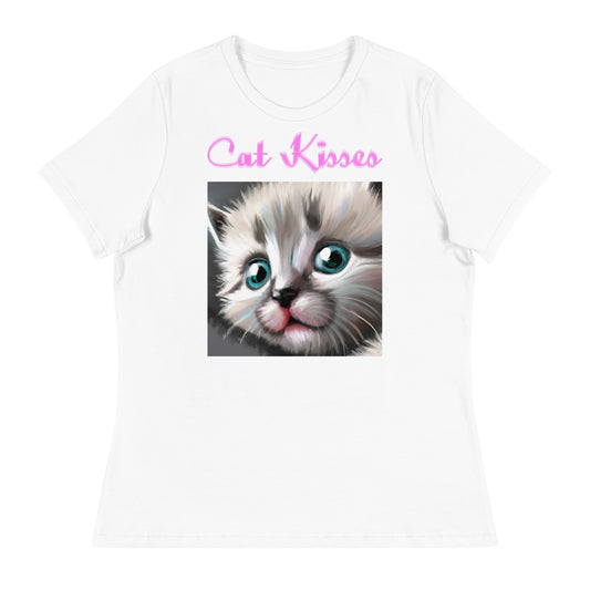 Women's White T-Shirt with Cute Fluffy Kitten With Blue Eyes with a text "Cat Kisses" at $25.97 found at Personalizedpetlovergifts