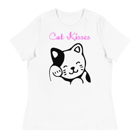 Women's White T-Shirt with Cute Cat Waving with a text "Cat Kisses" at $25.97 found at Personalizedpetlovergifts