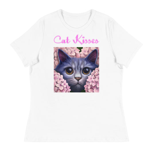 Women's White T-Shirt with Cute Cat In Flowers with a text "Cat Kisses" at $25.97 found at Personalizedpetlovergifts