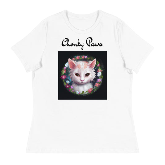 Women's White T-Shirt with Kitten In a Floral Circle with a text "Chonky Paws" at $25.97 found at Personalizedpetlovergifts