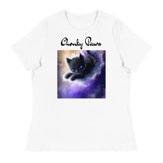 Women's White T-Shirt with Kitten In A Cosmic Cloud with a text "Chonky Paws" at $25.97 found at Personalizedpetlovergifts