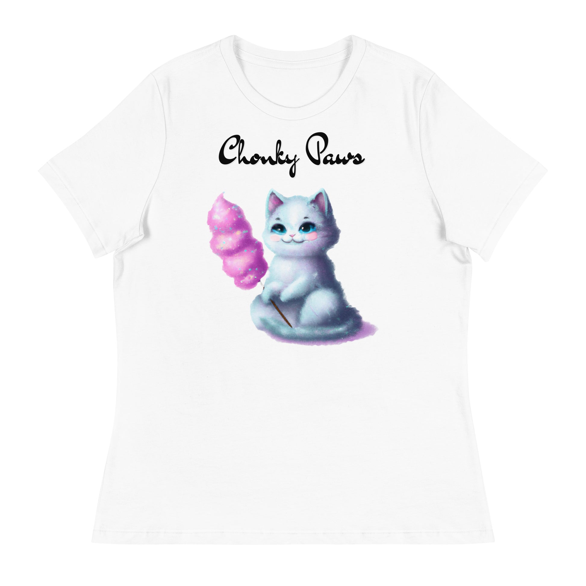 Women's White T-Shirt with Kitten Holding A Cotton Candy with a text "Chonky Paws" at $25.97 found at Personalizedpetlovergifts