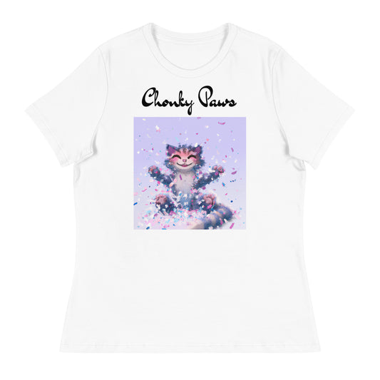 Women's White T-Shirt with Kitten Enjoying Confetti with a text "Chonky Paws" at $25.97 found at Personalizedpetlovergifts