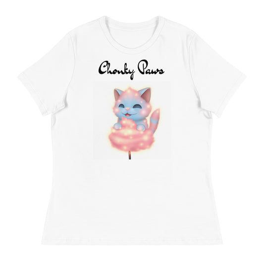 Women's White T-Shirt with Kitten Enjoying a Cotton Candy with a text "Chonky Paws" at $25.97 found at Personalizedpetlovergifts