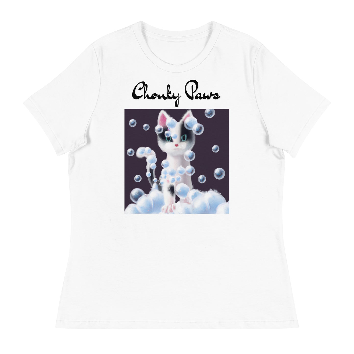 Women's White T-Shirt with Kitten Covered In Bubbles with a text "Chonky Paws" at $25.97 found at Personalizedpetlovergifts