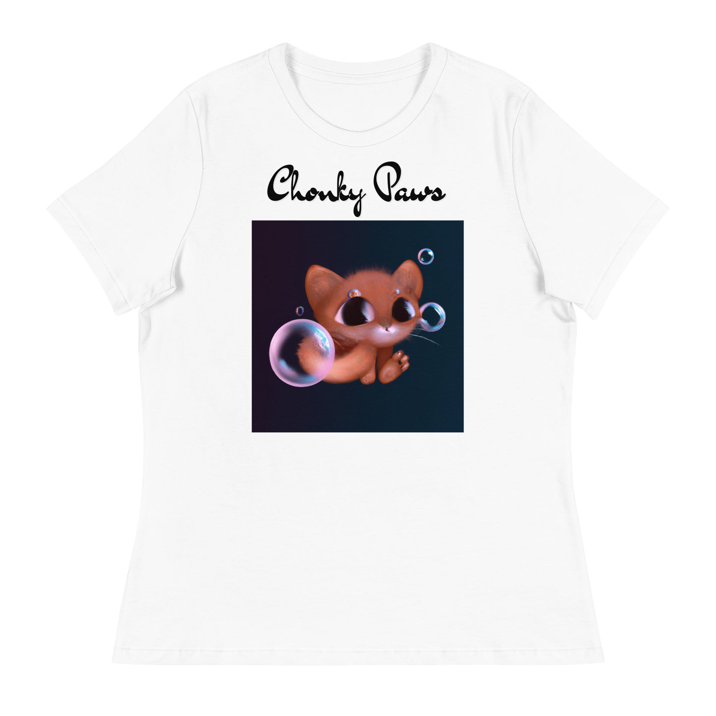 Women's White T-Shirt with Kitten And Soap Bubbles with a text "Chonky Paws" at $25.97 found at Personalizedpetlovergifts