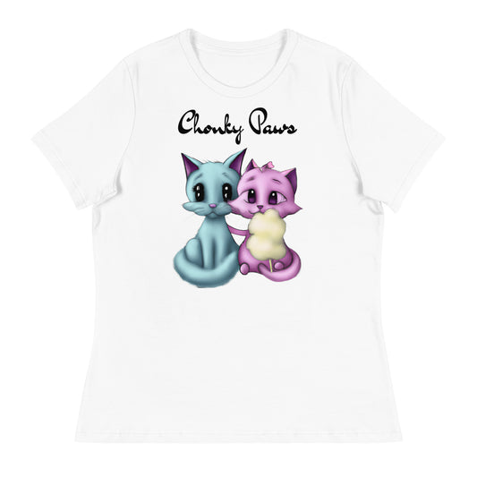 Women's White T-Shirt with Hugging Kittens With Cotton Candy with a text "Chonky Paws" at $25.97 found at Personalizedpetlovergifts