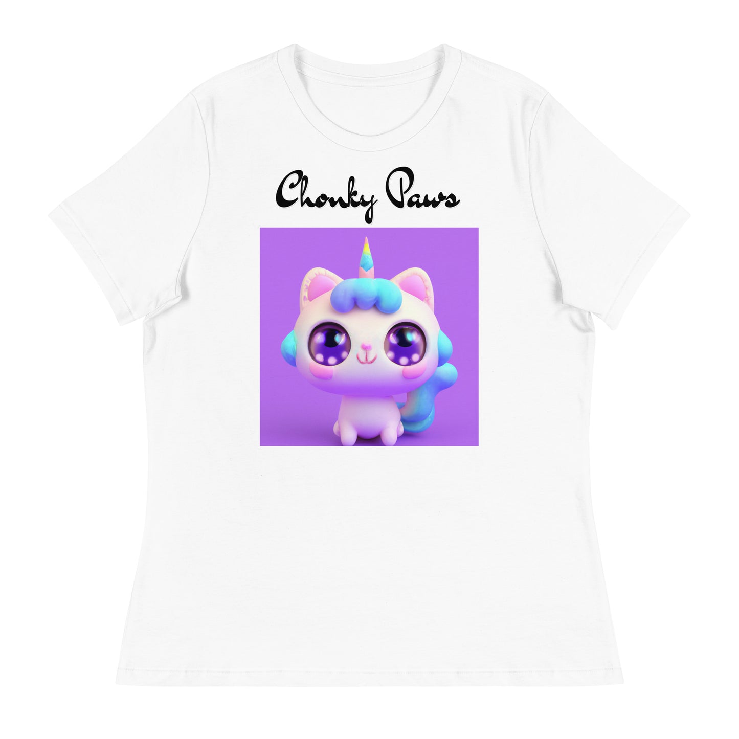 Women's White T-Shirt with Happy Unicorn Kitten with a text "Chonky Paws" at $25.97 found at Personalizedpetlovergifts