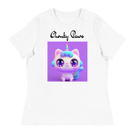 Women's White T-Shirt with Happy Unicorn Kitten with a text "Chonky Paws" at $25.97 found at Personalizedpetlovergifts