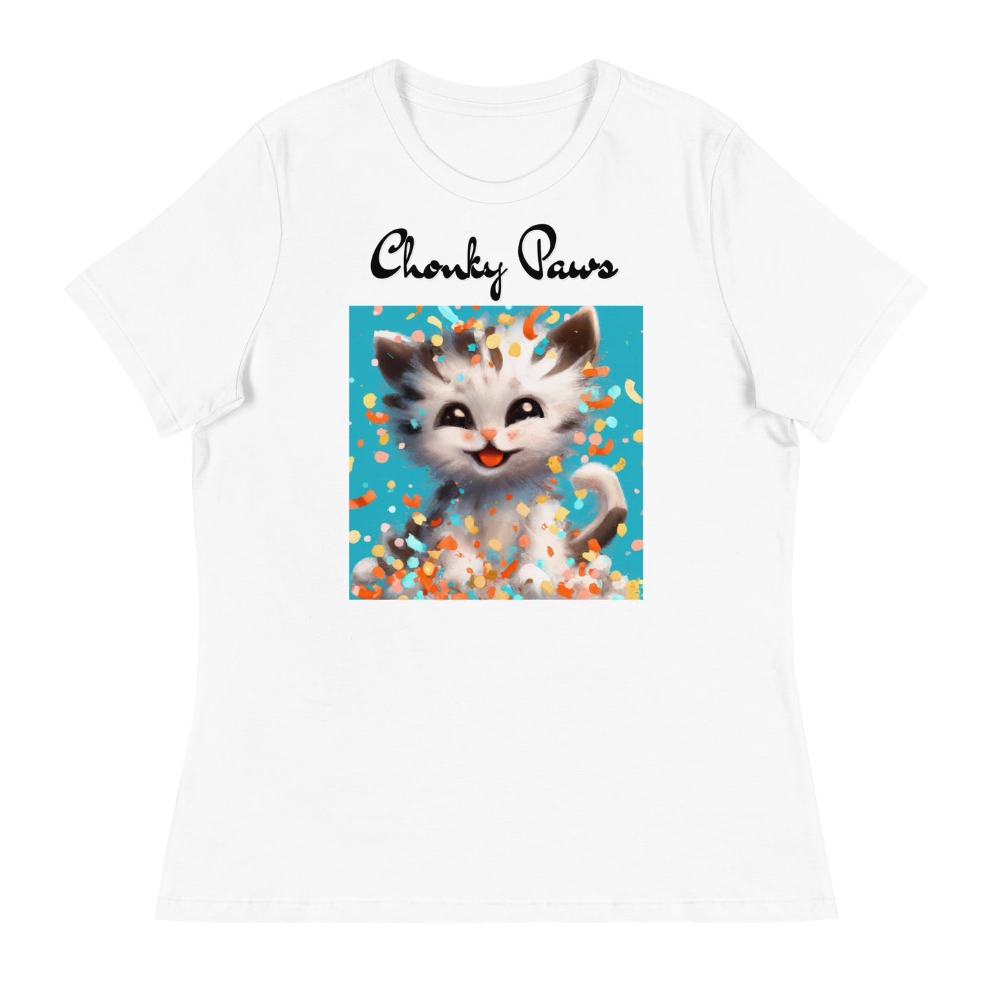 Women's White T-Shirt with Happy Kitten With Confetti with a text "Chonky Paws" at $25.97 found at Personalizedpetlovergifts