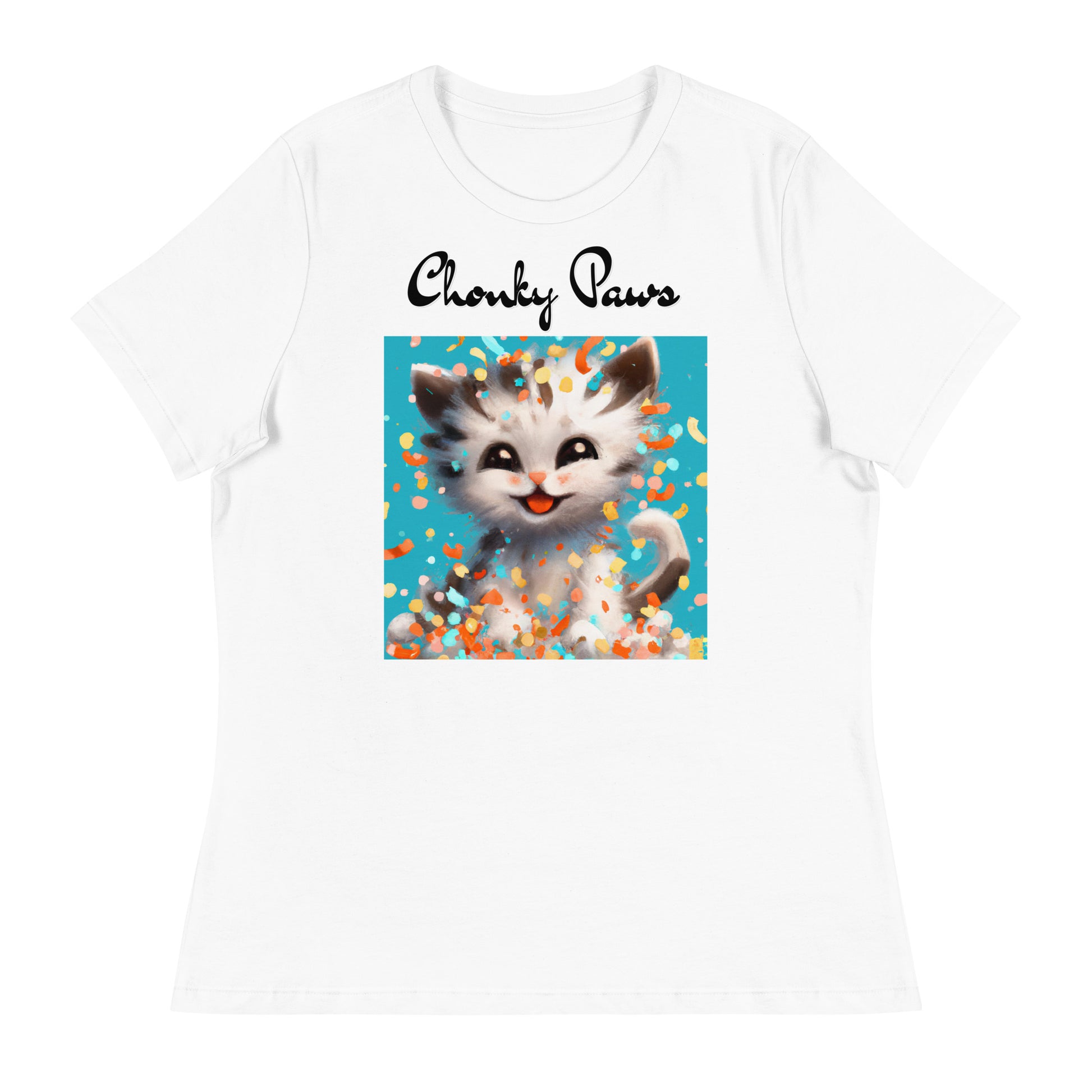 Women's White T-Shirt with Happy Kitten With Confetti with a text "Chonky Paws" at $25.97 found at Personalizedpetlovergifts