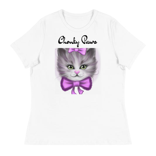 Women's White T-Shirt with Happy Kitten With a Purple Bow with a text "Chonky Paws" at $25.97 found at Personalizedpetlovergifts