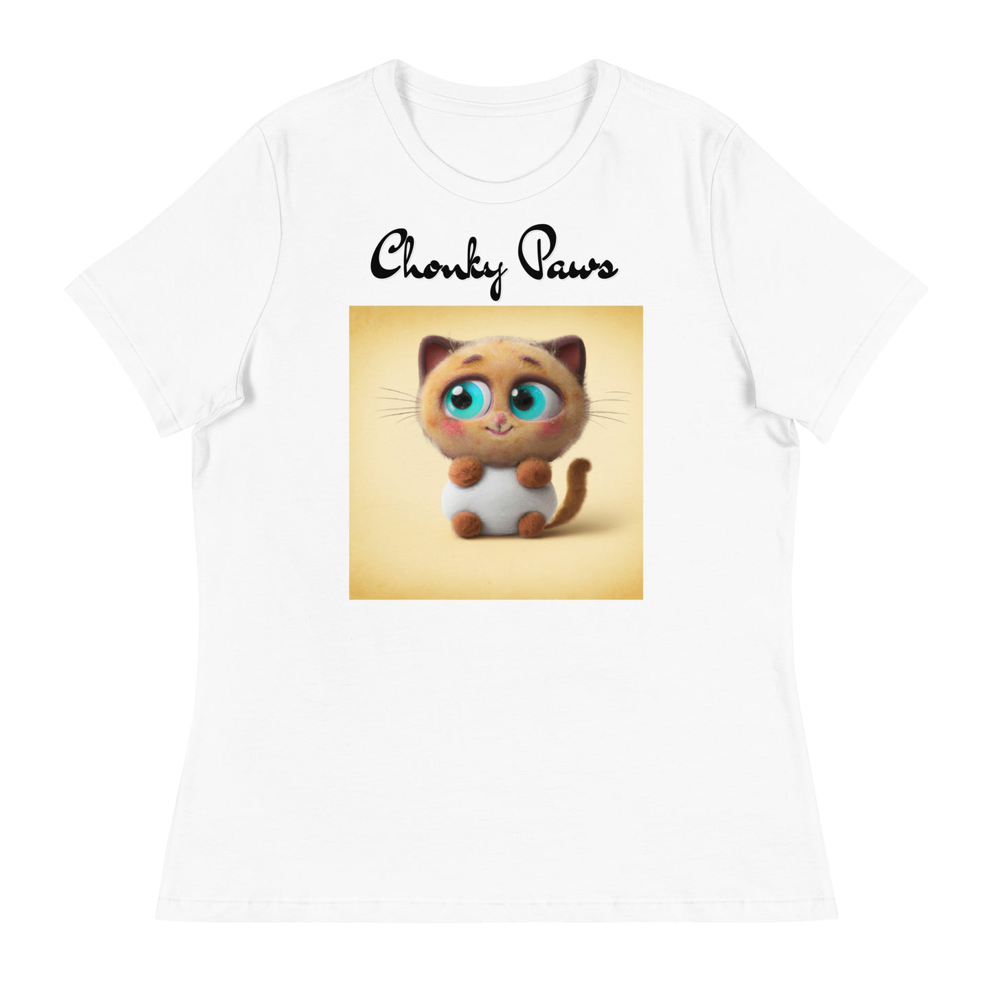 Women's White T-Shirt with Happy Fluffy Kitten with a text "Chonky Paws" at $25.97 found at Personalizedpetlovergifts