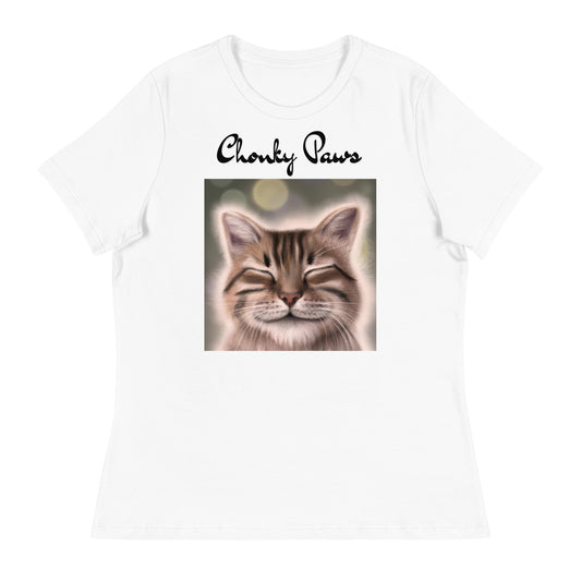 Women's White T-Shirt with Happy Cat with a text "Chonky Paws" at $25.97 found at Personalizedpetlovergifts