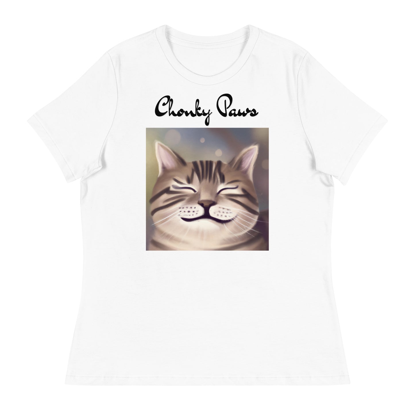 Women's White T-Shirt with Happy Cat Purring with a text "Chonky Paws" at $25.97 found at Personalizedpetlovergifts