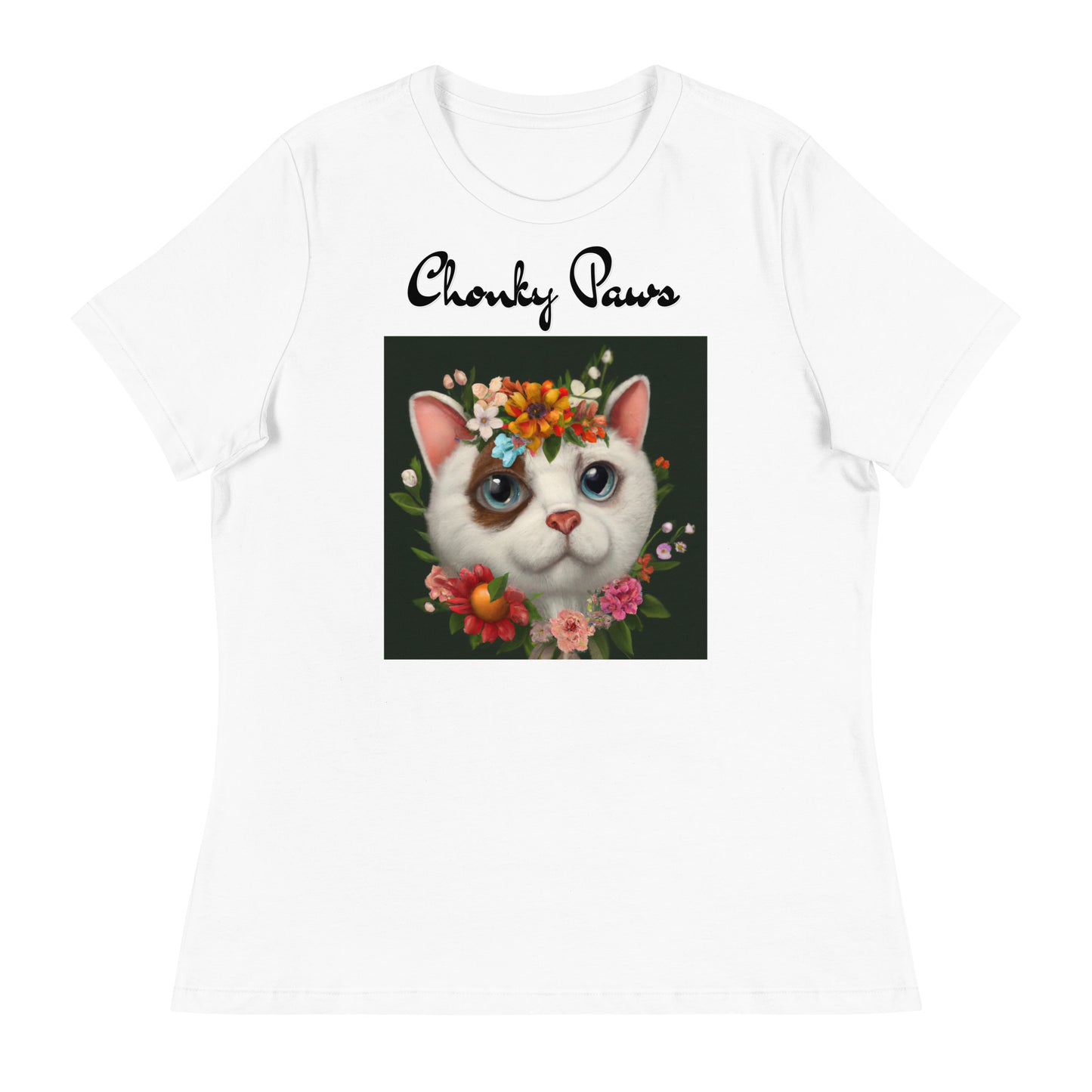 Women's White T-Shirt with Happy Cat Portrait With Flowers with a text "Chonky Paws" at $25.97 found at Personalizedpetlovergifts