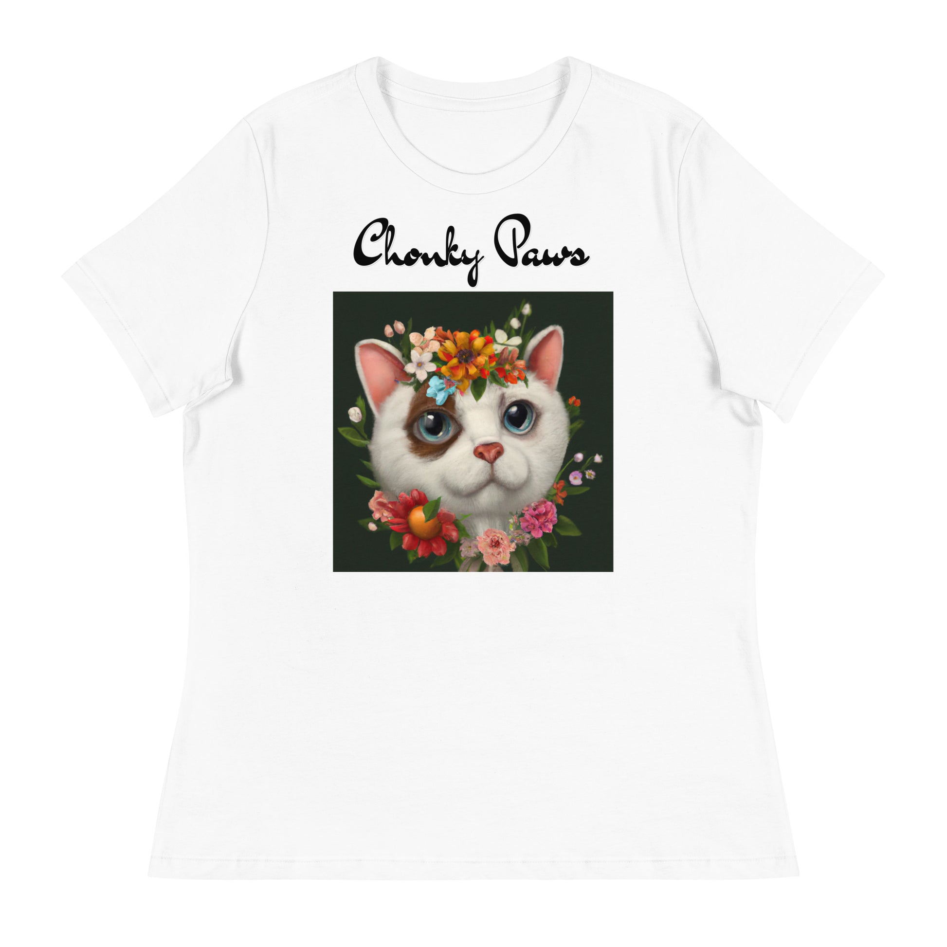 Women's White T-Shirt with Happy Cat Portrait With Flowers with a text "Chonky Paws" at $25.97 found at Personalizedpetlovergifts