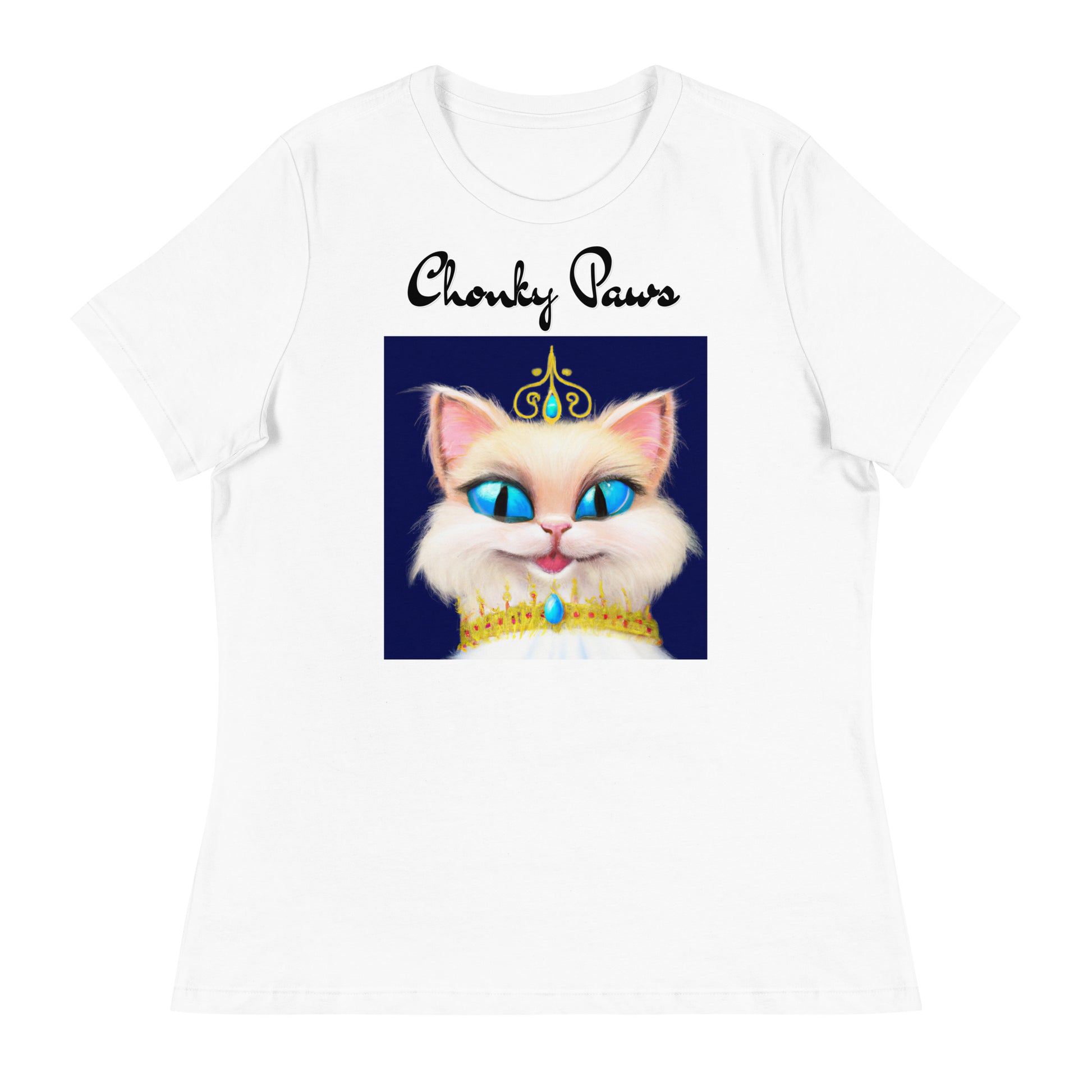 Women's White T-Shirt with Happy Blue Eyed Kitten Princess with a text "Chonky Paws" at $25.97 found at Personalizedpetlovergifts