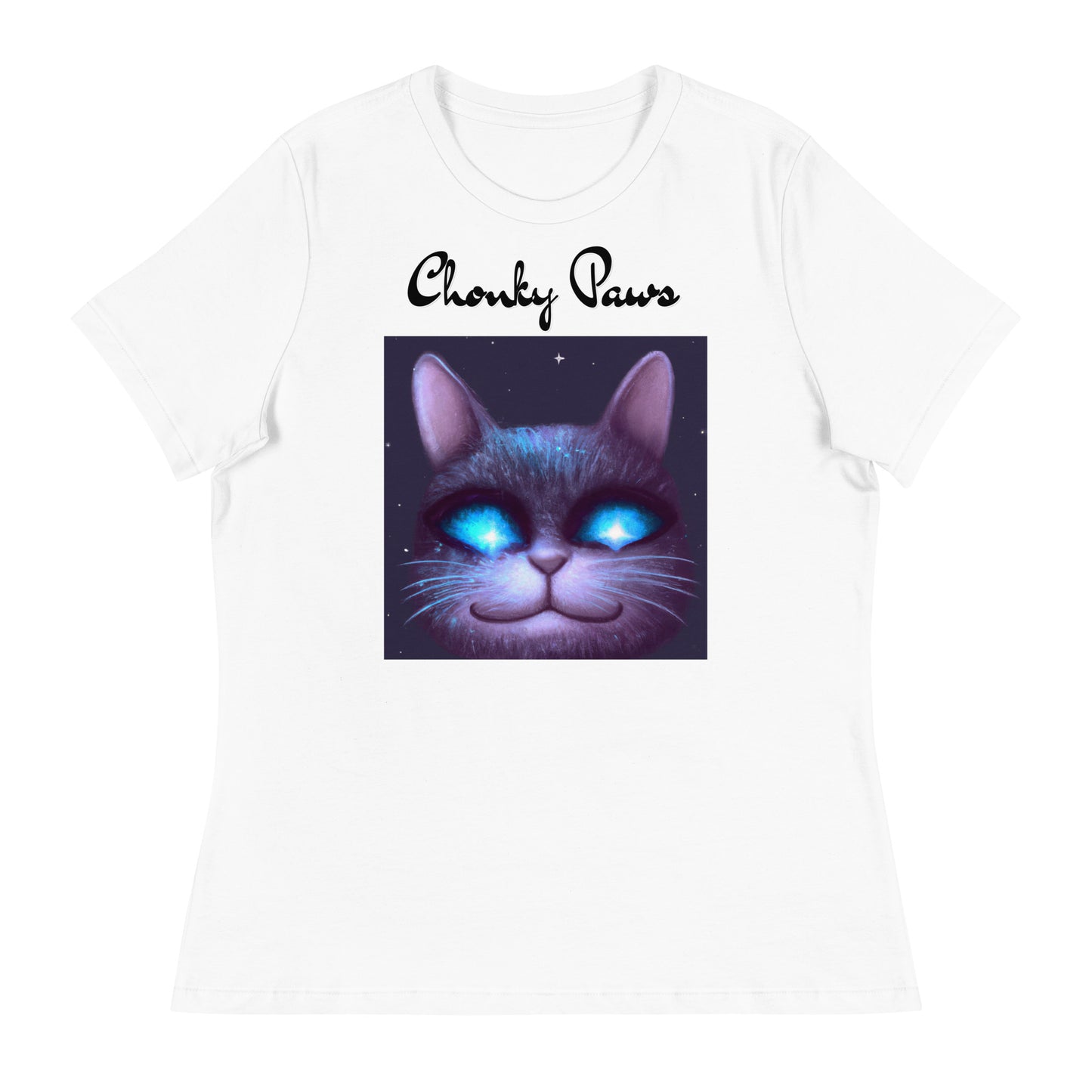 Women's White T-Shirt with Happy Blue Eyed Cat with a text "Chonky Paws" at $25.97 found at Personalizedpetlovergifts