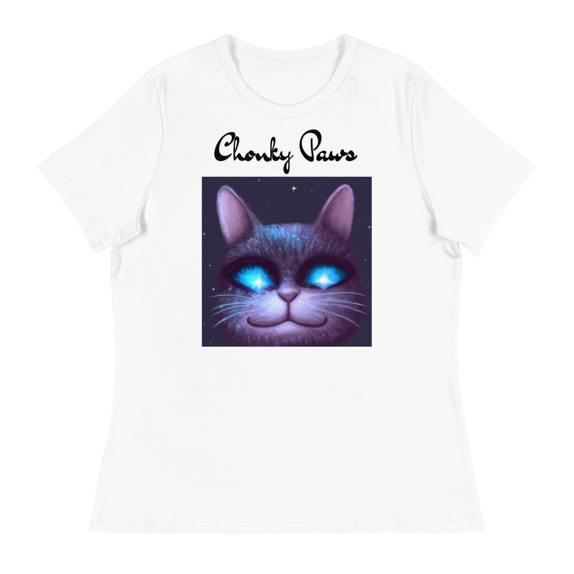 Women's White T-Shirt with Happy Blue Eyed Cat with a text "Chonky Paws" at $25.97 found at Personalizedpetlovergifts