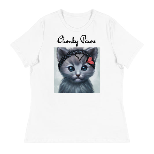 Women's White T-Shirt with Grey Kitten With a Headband with a text "Chonky Paws" at $25.97 found at Personalizedpetlovergifts