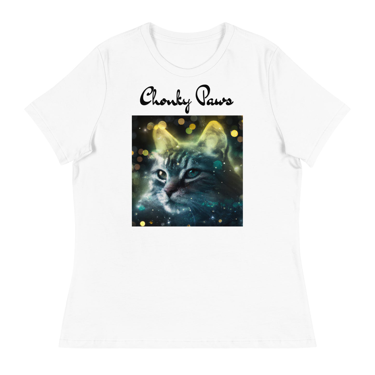 Women's White T-Shirt with Green Space Cat with a text "Chonky Paws" at $25.97 found at Personalizedpetlovergifts