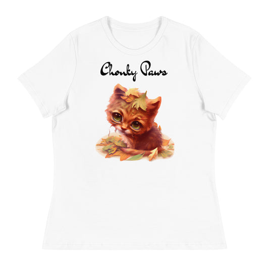 Women's White T-Shirt with Ginger Cat With Autumn Leaves with a text "Chonky Paws" at $25.97 found at Personalizedpetlovergifts