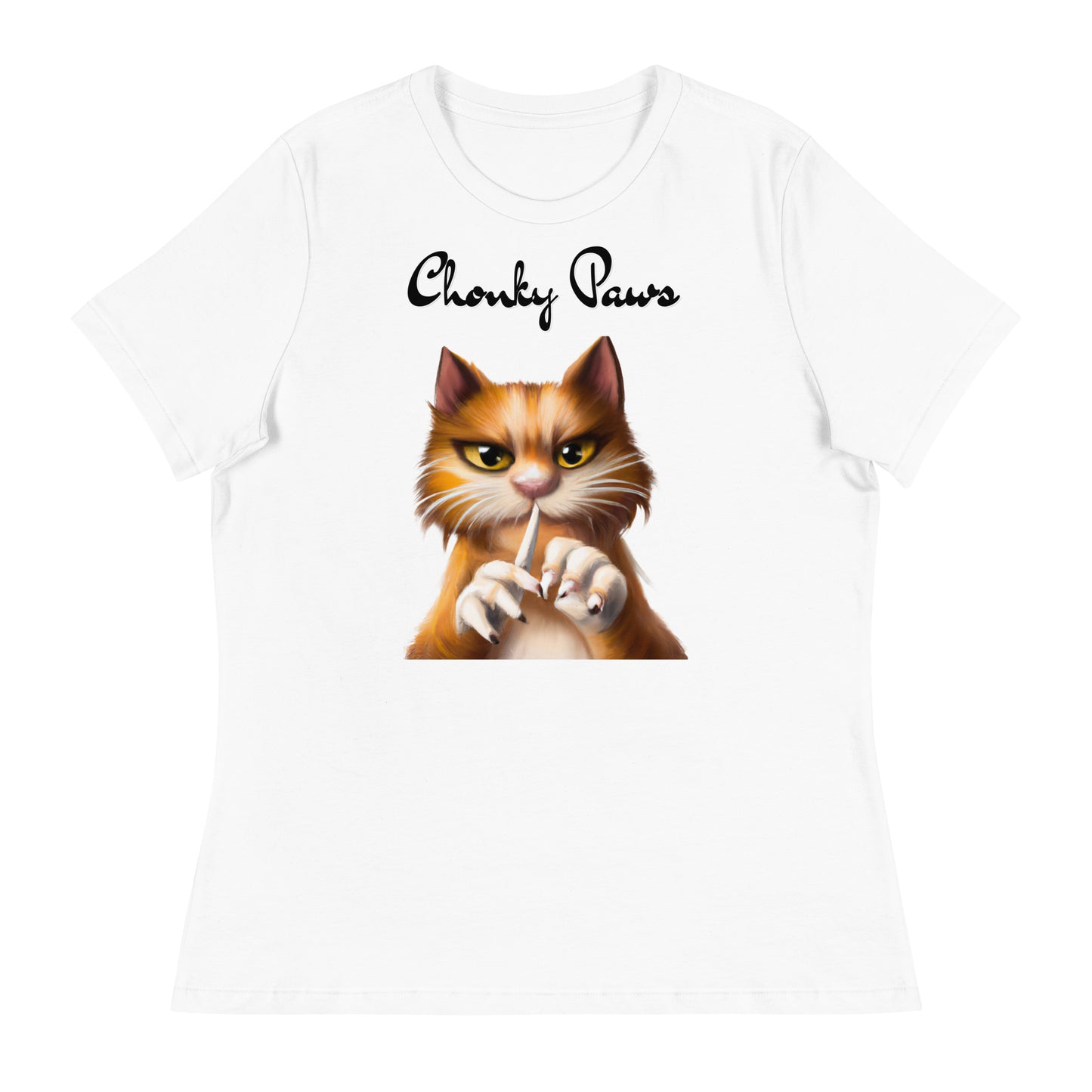 Women's White T-Shirt with Ginger Cat Filing Its Nails with a text "Chonky Paws" at $25.97 found at Personalizedpetlovergifts