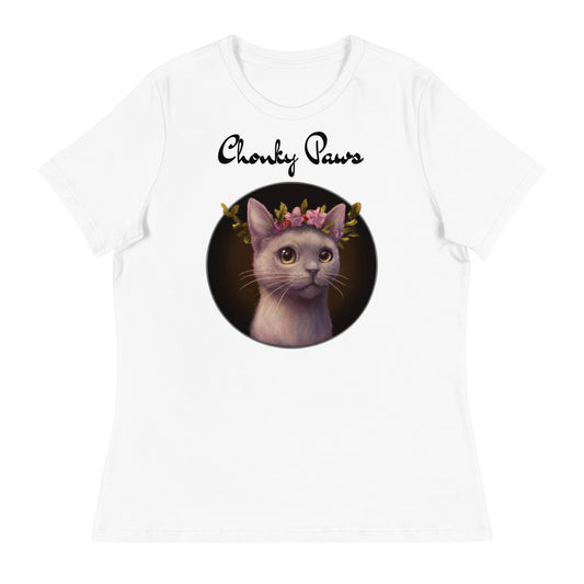 Women's White T-Shirt with Gentle Cat With Pink Floral Headpiece with a text "Chonky Paws" at $25.97 found at Personalizedpetlovergifts