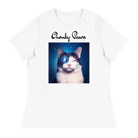 Women's White T-Shirt with Galaxy Eyed Cat with a text "Chonky Paws" at $25.97 found at Personalizedpetlovergifts