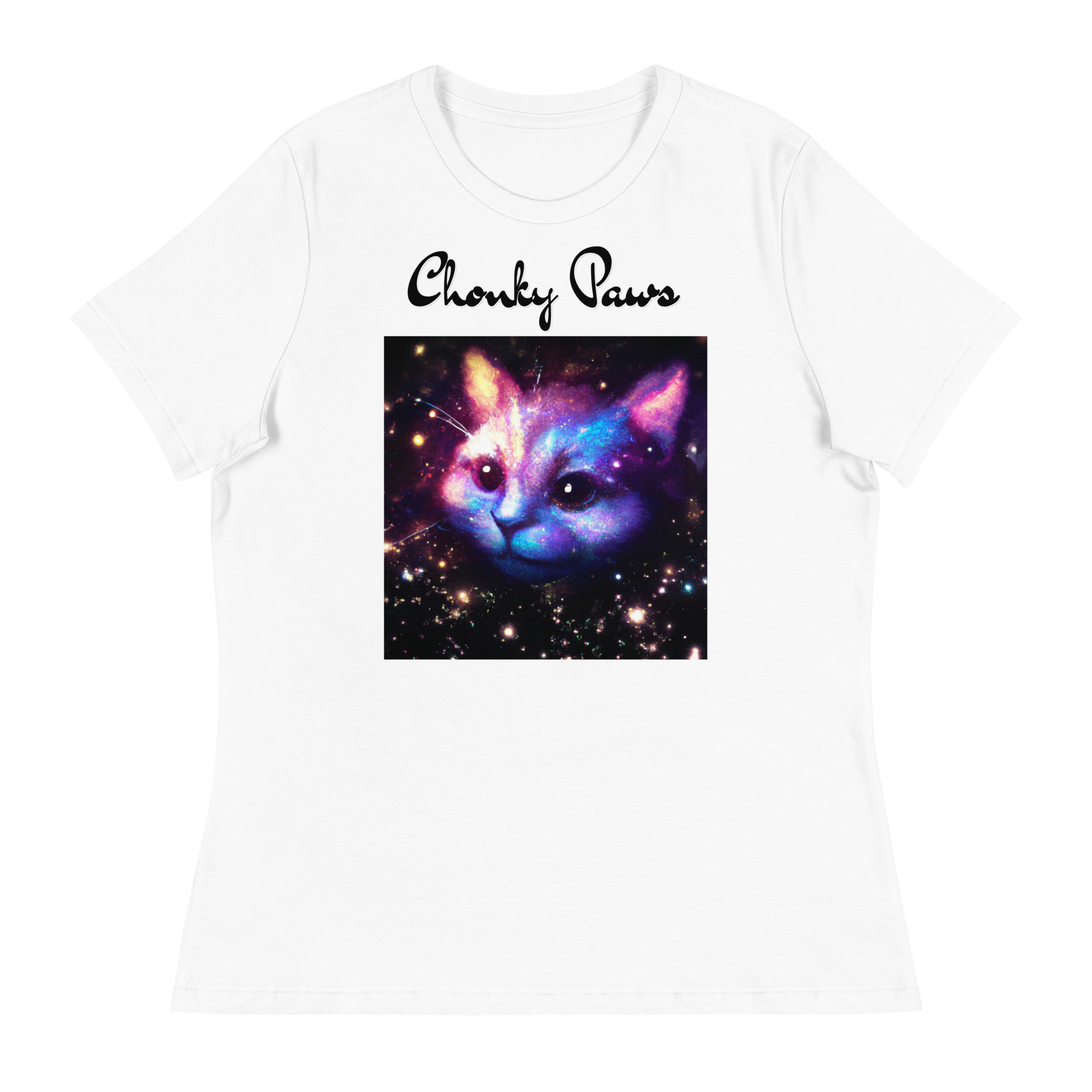 Women's White T-Shirt with Galaxy Cat with a text "Chonky Paws" at $25.97 found at Personalizedpetlovergifts