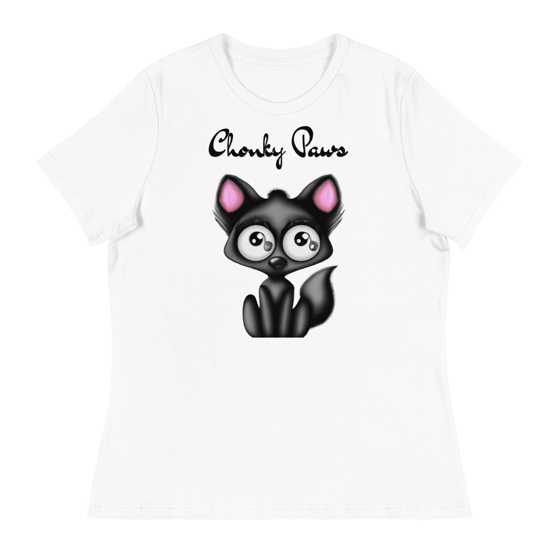 Women's White T-Shirt with Funny Black Kitten with a text "Chonky Paws" at $25.97 found at Personalizedpetlovergifts