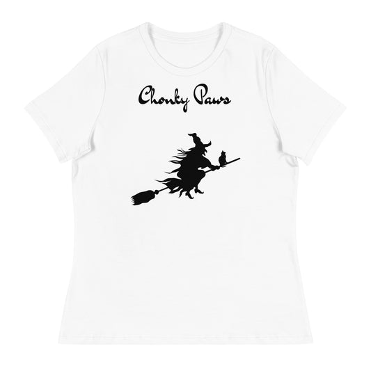 Women's White T-Shirt with Flying Witch With Cat On a Broom with a text "Chonky Paws" at $25.97 found at Personalizedpetlovergifts