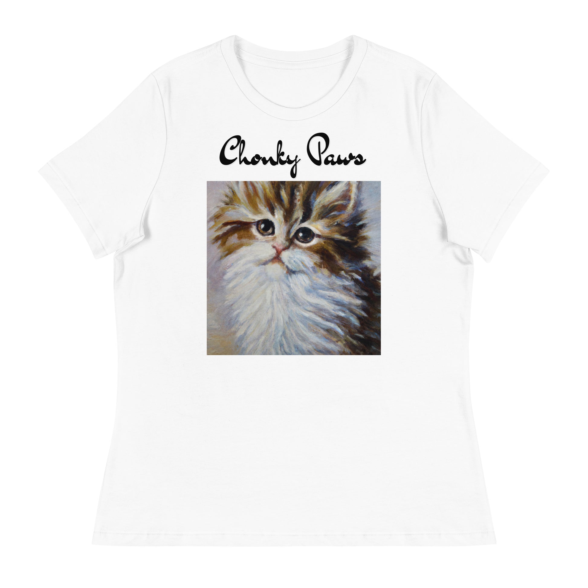 Women's White T-Shirt with Fluffy Wispy Kitten Oil Painting with a text "Chonky Paws" at $25.97 found at Personalizedpetlovergifts