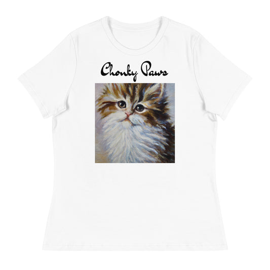 Women's White T-Shirt with Fluffy Wispy Kitten Oil Painting with a text "Chonky Paws" at $25.97 found at Personalizedpetlovergifts