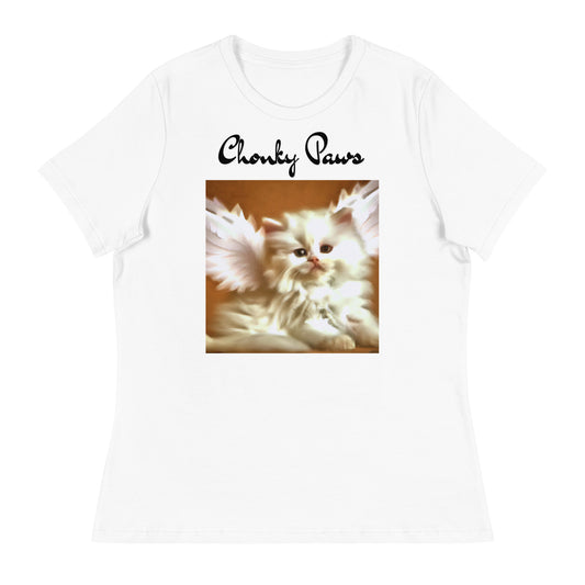 Women's White T-Shirt with Fluffy White Kitten With Angel Wings with a text "Chonky Paws" at $25.97 found at Personalizedpetlovergifts